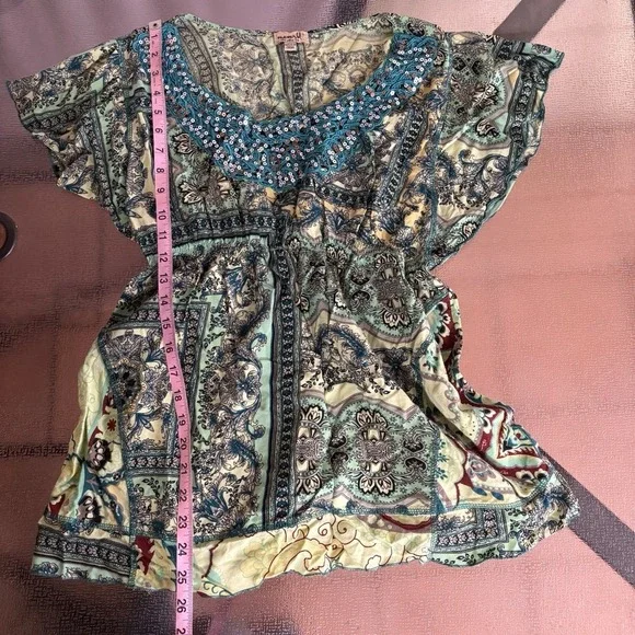 One World Top Womens Large Boho Tunic Sequins Flowy Artsy Fairy Babydoll Empire - Picture 5 of 6